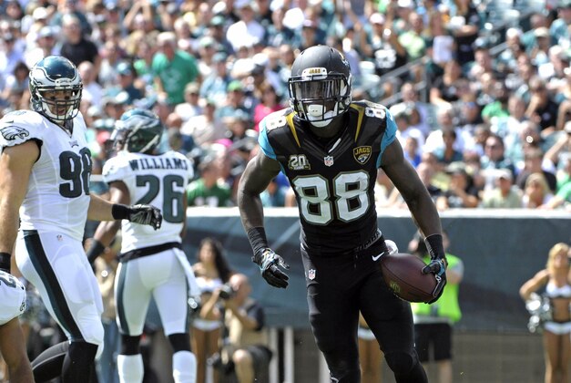 Sep 7, 2014; Philadelphia, PA, USA; Jacksonville Jaguars wide receiver Allen Hurns (88) celebrates his 34-yard touchdown catch against the Philadelphia Eagles in the first quarter at Lincoln Financial Field. Mandatory Credit: Eric Hartline-USA TODAY Sports