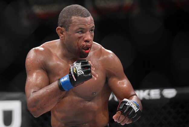 Nov 2, 2013; Long Beach, CA, USA;   Emanuel Newton (blue gloves) during his Bellator Interim Light Heavyweight World Title Fight against Muhammed Lawal (not pictured) at the Long Beach Arena.  Newton won. Mandatory Credit: Jayne Kamin-Oncea-USA TODAY Sports