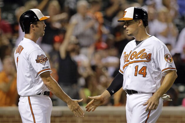 Baltimore Orioles' J.J. Hardy, left, greets Kelly Johnson after they scored on Jonathan Schoop's double in the seventh inning of an interleague baseball game against the Cincinnati Reds, Wednesday, Sept. 3, 2014, in Baltimore. Baltimore won 6-0. (AP Photo/Patrick Semansky)
