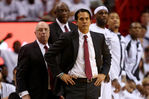MIAMI, FL - MAY 26:  Erik Spoelstra of the Miami Heat looks on during Game Four of the Eastern Conference Finals of the 2014 NBA Playoffs against the Indiana Pacers at American Airlines Arena on May 26, 2014 in Miami, Florida. NOTE TO USER: User expressly acknowledges and agrees that, by downloading and or using this photograph, User is consenting to the terms and conditions of the Getty Images License Agreement.  (Photo by Mike Ehrmann/Getty Images)