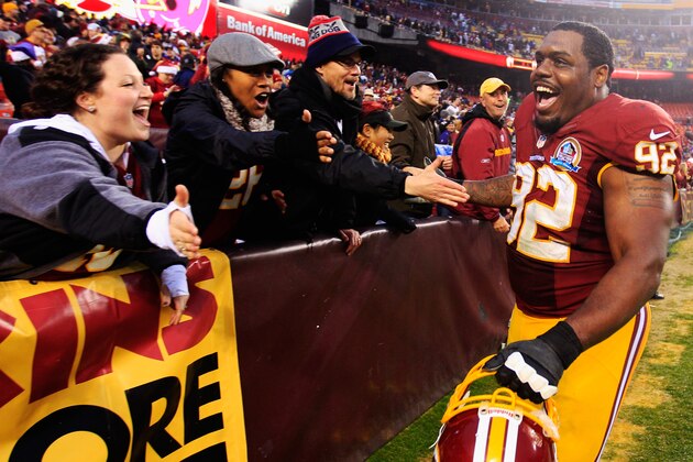 LANDOVER, MD - DECEMBER 09:  Defensive end Chris Baker #92 of the Washington Redskins celebrates after the Redskins defeated the Baltimore Ravens 31-28 in overtime at FedExField on December 9, 2012 in Landover, Maryland.  (Photo by Rob Carr/Getty Images)