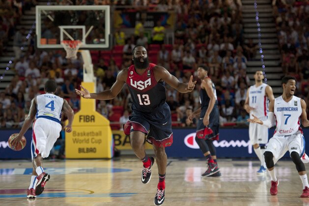 James Harden of the US gestures during the Group C Basketball World Cup match against Dominican Republic in Bilbao northern Spain, Wednesday, Sept. 3, 2014. The 2014 Basketball World Cup competition take place in various cities in Spain from Aug. 30 to Sept. 14. (AP Photo/Alvaro Barrientos)