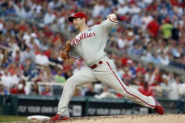Philadelphia Phillies starting pitcher Cliff Lee throws during a baseball game against the Washington Nationals at Nationals Park Thursday, July 31, 2014, in Washington. (AP Photo/Alex Brandon)