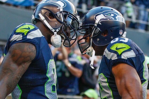 SEATTLE, WA - SEPTEMBER 04: Wide receiver Ricardo Lockette #83 (L) of the Seattle Seahawks celebrates with wide receiver Doug Baldwin #89 after scoring a touchdown against the Green Bay Packers in the second quarter at CenturyLink Field on September 4, 2014 in Seattle, Washington. (Photo by Otto Greule Jr/Getty Images) SEATTLE, WA - SEPTEMBER 04: Wide receiver Ricardo Lockette #83 (L) of the Seattle Seahawks celebrates with wide receiver Doug Baldwin #89 after scoring a touchdown against the Green Bay Packers in the second quarter at CenturyLink Field on September 4, 2014 in Seattle, Washington. (Photo by Otto Greule Jr/Getty Images)