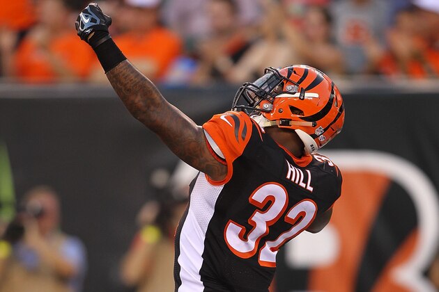 CINCINNATI, OH - AUGUST 28:  Jeremy Hill #32 of the Cincinnati Bengals celebrates after a play during the second quarter against the Indianapolis Colts at Paul Brown Stadium on August 28, 2014 in Cincinnati, Ohio. (Photo by John Grieshop/Getty Images)