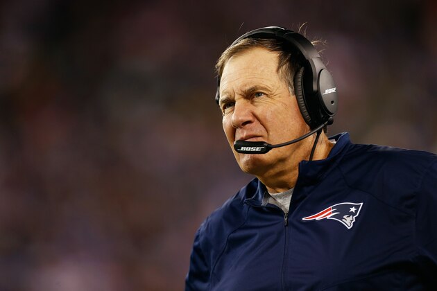 EAST RUTHERFORD, NJ - AUGUST 28:  Head coach Bill Belichick of the New England Patriots looks on from the sideline during the preseason game against the New York Giants at MetLife Stadium on August 28, 2014 in East Rutherford, New Jersey.  (Photo by Jeff Zelevansky/Getty Images)