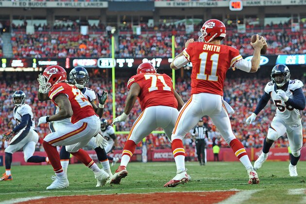 KANSAS CITY, MO - DECEMBER 01: Quarterback Alex Smith #11 of the Kansas City Chiefs drops back to pass against the Denver Broncos during the first half on December 1, 2013 at Arrowhead Stadium in Kansas City, Missouri. (Photo by Peter Aiken/Getty Images) KANSAS CITY, MO - DECEMBER 01: Quarterback Alex Smith #11 of the Kansas City Chiefs drops back to pass against the Denver Broncos during the first half on December 1, 2013 at Arrowhead Stadium in Kansas City, Missouri. (Photo by Peter Aiken/Getty Images)