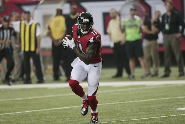 Atlanta Falcons wide receiver Julio Jones (11) runs against the New Orleans Saints during the second half of an NFL football game, Sunday, Sept. 7, 2014, in Atlanta. (AP Photo/John Bazemore)