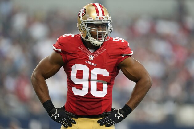 ARLINGTON, TX - SEPTEMBER 07:  Linebacker Corey Lemonier #96 of the San Francisco 49ers during the NFL game against the Dallas Cowboys at AT&T Stadium on September 7, 2014 in Arlington, Texas. The 49ers defeated the Cowboys 28-17.  (Photo by Christian Petersen/Getty Images)