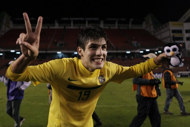 Brazil's Lucas Piazon gestures as he celebrates his team's victory at the South American U-17 soccer tournament in Quito, Ecuador, Saturday April 9, 2011. (AP Photo/Dolores Ochoa)