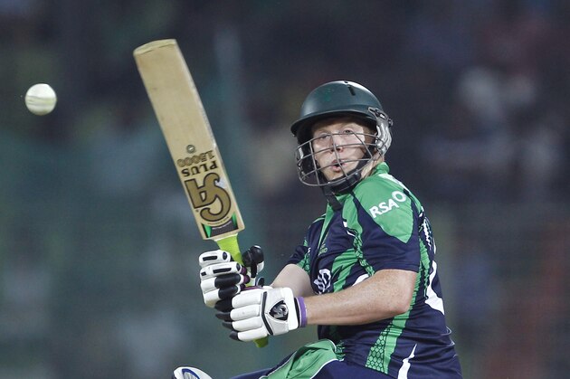 Ireland batsman Kevin O’Brien plays a shot during their ICC Twenty20 Cricket World Cup match against Zimbabwe in Sylhet, Bangladesh, Monday, March 17, 2014. (AP Photo/A.M. Ahad)