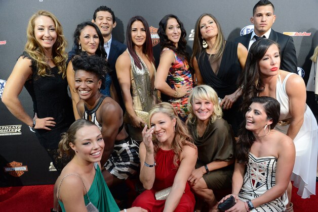 Sep 9, 2014; Los Angeles, CA, USA; Female contestants for The Ultimate Fighter in the newly formed strawweight class on the Red Carpet for the show premiere at Lure Nightclub. Mandatory Credit: Jayne Kamin-Oncea-USA TODAY Sports