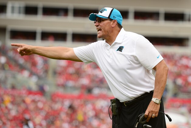 Sep 7, 2014; Tampa, FL, USA; Carolina Panthers head coach Ron Rivera points on the sidelines during the third quarter against the Tampa Bay Buccaneers at Raymond James Stadium. Mandatory Credit: Andrew Weber-USA TODAY Sports
