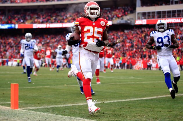 KANSAS CITY, MO - DECEMBER 22: Running back Jamaal Charles #25 of the Kansas City Chiefs carries the ball across the goal line for a touchdwon during the game against the Indianapolis Colts at Arrowhead Stadium on December 22, 2013 in Kansas City, Missouri. (Photo by Jamie Squire/Getty Images) KANSAS CITY, MO - DECEMBER 22: Running back Jamaal Charles #25 of the Kansas City Chiefs carries the ball across the goal line for a touchdwon during the game against the Indianapolis Colts at Arrowhead Stadium on December 22, 2013 in Kansas City, Missouri. (Photo by Jamie Squire/Getty Images)