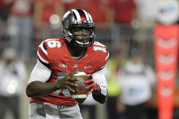 Ohio State quarterback J.T. Barrett plays against Virginia Tech during an NCAA college football game Saturday, Sept. 6, 2014, in Columbus, Ohio. (AP Photo/Jay LaPrete)
