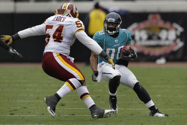 Jacksonville Jaguars wide receiver Mike Thomas tries to get around Washington Redskins linebacker H.B. Blades (54) during the second half of an NFL football game  in Jacksonville, Fla., Sunday, Dec. 26, 2010. Washington won 20-17 in overtime.(AP Photo/John Raoux)