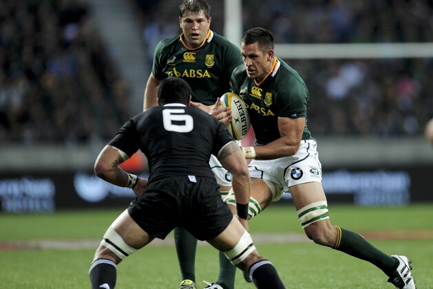 Jerome Kaino of the All Blacks left with Willem Alberts of the Springboks centre and Pierre Spies of the Springboks, right, during their Tri Nations Rugby match in Port Elizabeth, South Africa, Saturday Aug. 20 2011. Morne Steyn kicked all of South Africa's points in a pressure-releasing 18-5 win over New Zealand in Tri-Nations rugby on Saturday. (AP Photo)
