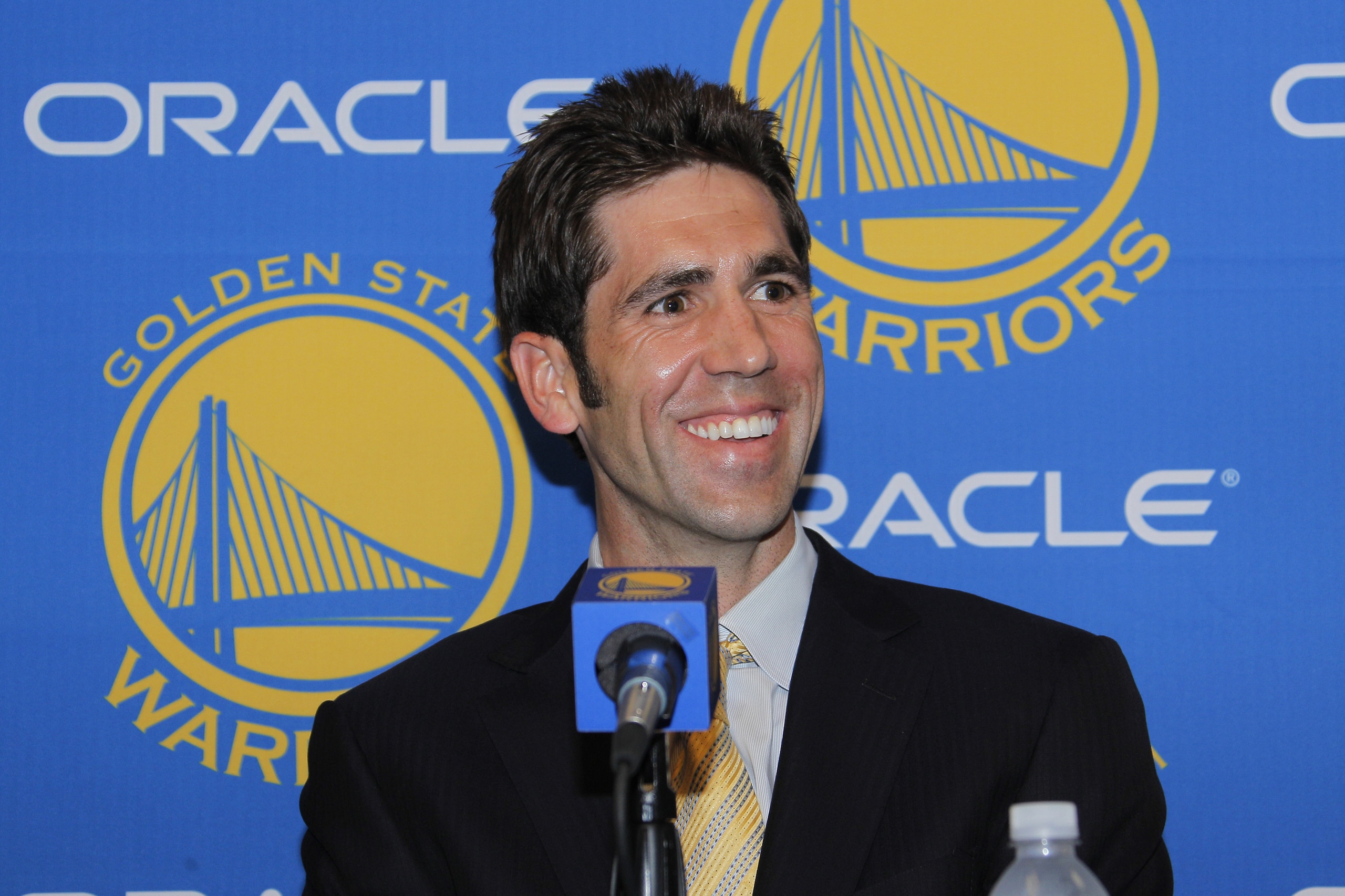 OAKLAND, CA - APRIL 24: The new Golden State Warriors General Manager Bob Myers speaks to the press before a game against the New Orleans Hornets on April 24, 2012 at Oracle Arena in Oakland, California. NOTE TO USER: User expressly acknowledges and agrees that, by downloading and or using this photograph, user is consenting to the terms and conditions of Getty Images License Agreement. Mandatory Copyright Notice: Copyright 2012 NBAE (Photo by Rocky Widner/NBAE via Getty Images)