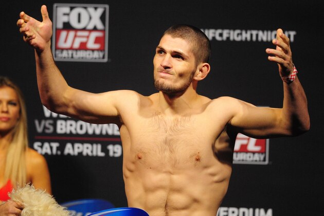 Apr 18, 2014; Orlando, FL, USA; Khabib Nurmagomedov poses during a weigh-in for UFC on FOX 11 at Amway Center. Mandatory Credit: David Manning-USA TODAY Sports