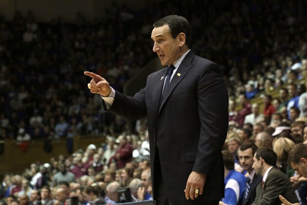 Duke Blue Devils head coach Mike Krzyzewski directs his team during the second half of an NCAA college basketball game against Elon in Durham, N.C., Thursday, Dec. 20, 2012. Duke won 76-54. (AP Photo/Gerry Broome)