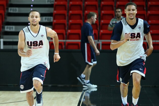BILBAO, SPAIN - AUGUST 28: Teammates Stephen Curry #4 and Klay Thompson #5 of the USA Basketball Men's National Team during a practice for the FIBA World Cup at Bizkaia Arena in Bilbao Exhibition Centre on August 28, 2014 in Bilbao, Spain.  NOTE TO USER: User expressly acknowledges and agrees that, by downloading and/or using this Photograph, user is consenting to the terms and conditions of the Getty Images License Agreement. Mandatory Copyright Notice: Copyright 2014 NBAE (Photo by Nathaniel S. Butler/NBAE via Getty Images)