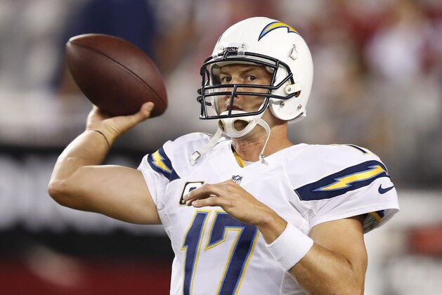 San Diego Chargers' Philip Rivers warms up prior to an NFL football game against the Arizona Cardinals Monday, Sept. 8, 2014, in Glendale, Ariz. (AP Photo/Ross D. Franklin) San Diego Chargers' Philip Rivers warms up prior to an NFL football game against the Arizona Cardinals Monday, Sept. 8, 2014, in Glendale, Ariz. (AP Photo/Ross D. Franklin)