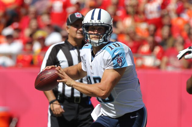 Tennessee Titans quarterback Jake Locker looks to pass during a football game against the Kansas City Chiefs Sunday, Sept. 7, 2014, in Kansas City, MO. (AP Photo/Ed Zurga)