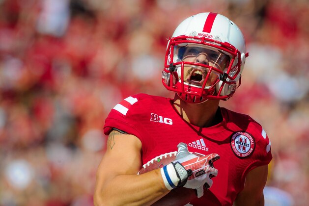 LINCOLN, NE - SEPTEMPER 6: Wide receiver Jordan Westerkamp #1 of the Nebraska Cornhuskers celebrates a touchdown catch during their game against the McNeese State Cowboys at Memorial Stadium on September 6, 2014 in Lincoln, Nebraska. (Photo by Eric Francis/Getty Images)