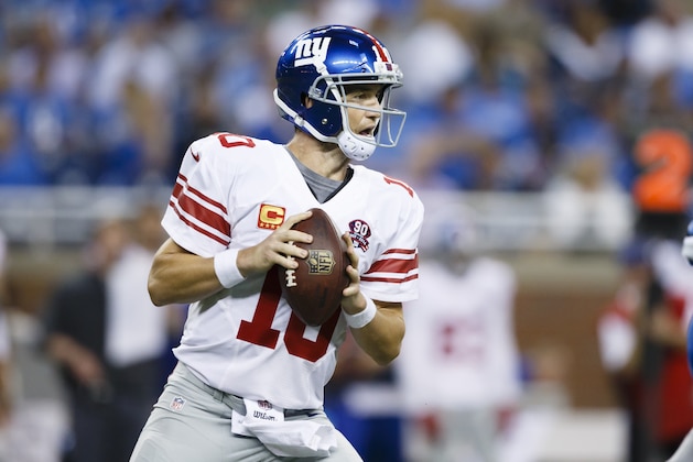 New York Giants quarterback Eli Manning (10) looks to pass against the Detroit Lions during an NFL football game at Ford Field in Detroit, Monday, Sept. 8, 2014. (AP Photo/Rick Osentoski)