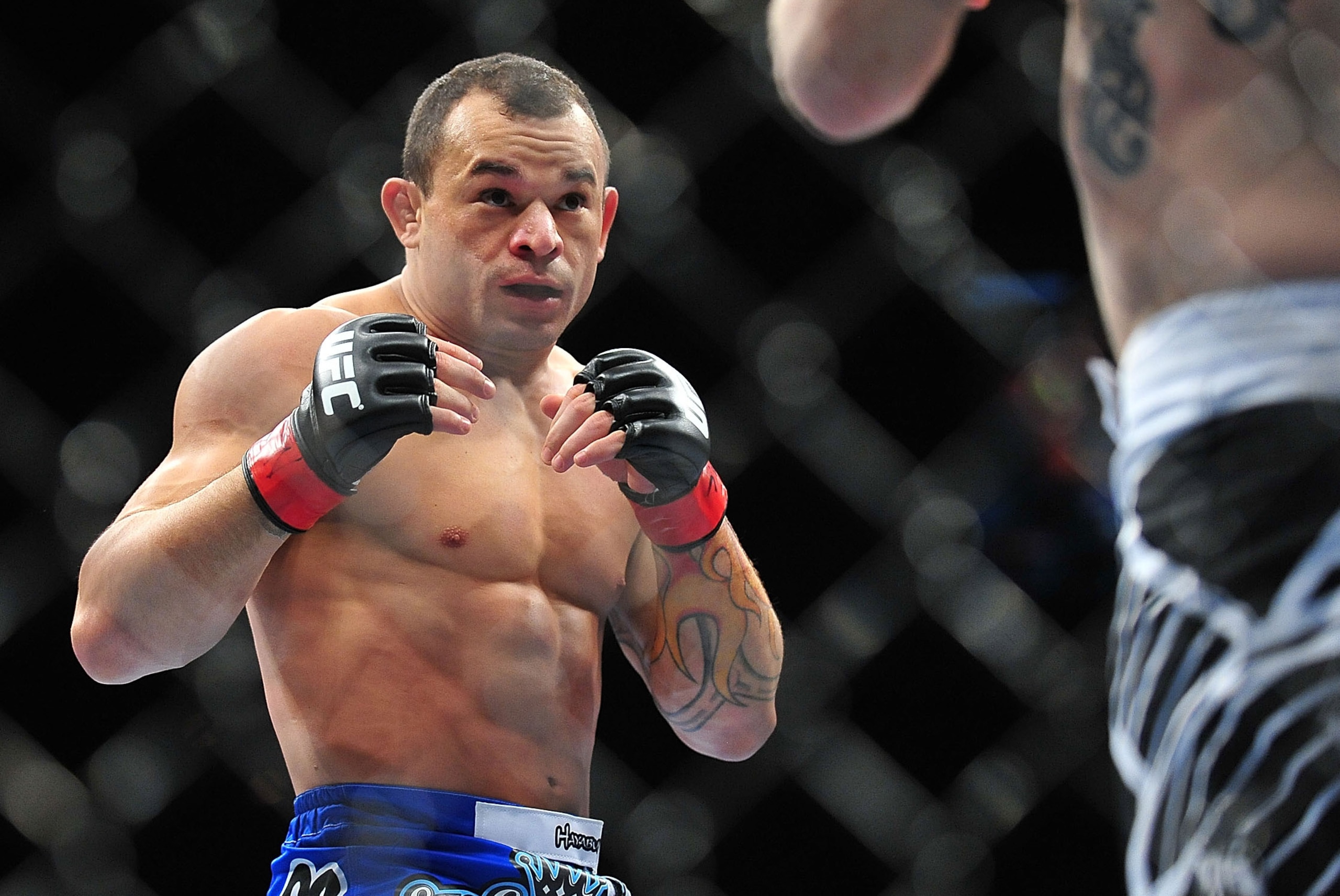 Feb 2, 2013; Las Vegas, NV, USA; Gleison Tibau (left) and Evan Dunham (right) during UFC 156 at the Mandalay Bay Events Center. Mandatory Credit: Gary A. Vasquez-USA TODAY Sports