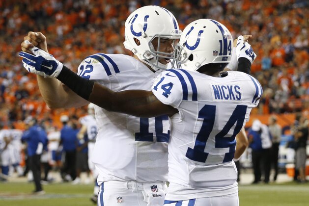 Indianapolis Colts wide receiver Hakeem Nicks (14) celebrates his touchdown with quarterback Andrew Luck (12) during the second half of an NFL football game against the Denver Broncos, Sunday, Sept. 7, 2014, in Denver. (AP Photo/Brennan Linsley)
