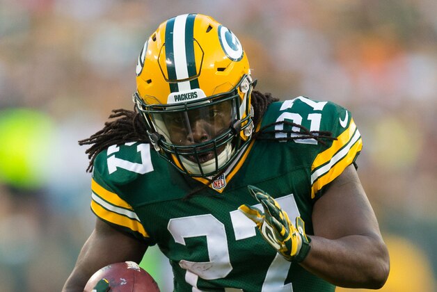 Aug 22, 2014; Green Bay, WI, USA; Green Bay Packers running back Eddie Lacy (27) during the game against the Oakland Raiders at Lambeau Field. Mandatory Credit: Jeff Hanisch-USA TODAY Sports