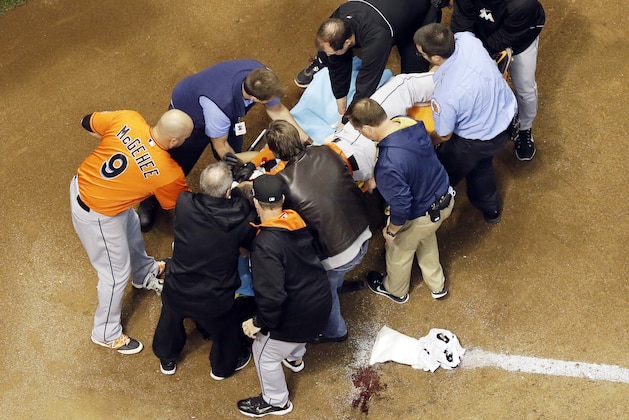 Miami Marlins' Giancarlo Stanton is taken off the field on a stretcher after being hit in the face with a pitch during the fifth inning of a baseball game against the Milwaukee Brewers Thursday, Sept. 11, 2014, in Milwaukee. (AP Photo/Morry Gash)