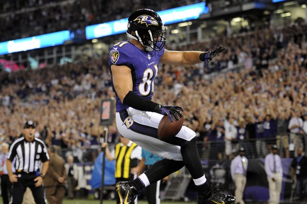 Baltimore Ravens tight end Owen Daniels celebrates his touchdown reception during the first half of an NFL football game against the Pittsburgh Steelers on Thursday, Sept. 11, 2014, in Baltimore. (AP Photo/Nick Wass)