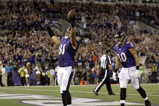 Baltimore Ravens tight end Owen Daniels (81) celebrates his touchdown catch with tight end Crockett Gillmore (80) nearby, during the second half of an NFL football game against the Pittsburgh Steelers on Thursday, Sept. 11, 2014, in Baltimore. (AP Photo/Patrick Semansky)