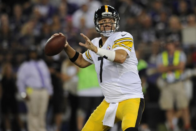 Pittsburgh Steelers quarterback Ben Roethlisberger (7) looks to pass during the first half of an NFL football game against the Baltimore Ravens Thursday, Sept. 11, 2014, in Baltimore. (AP Photo/Gail Burton)