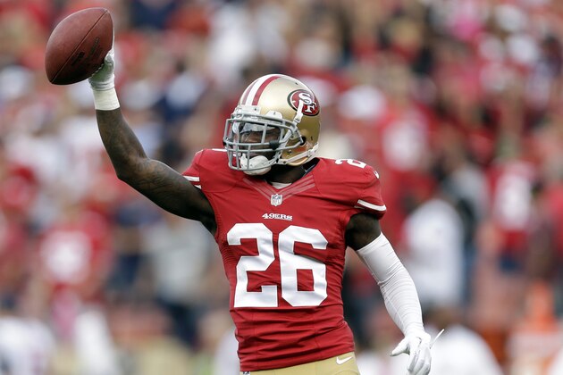 FILE - In this Oct. 6, 2013, file photo, San Francisco 49ers cornerback Tramaine Brock celebrates after scoring a touchdown in the first half of an NFL football game against the Houston Texans in San Francisco. Brock, a fourth-year pro and NFL starter for all of five games, has four interceptions, 28 tackles and 12 pass deflections this year to help lead a dominant defense. (AP Photo/Marcio Jose Sanchez, File)