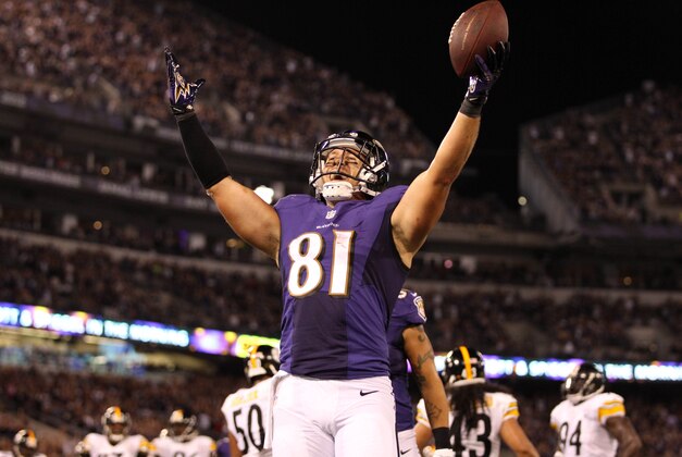 Sep 11, 2014; Baltimore, MD, USA; Baltimore Ravens tight end Owen Daniels (81) celebrates catching a touchdown pass from quarterback Joe Flacco (not shown) in the third quarter against the Pittsburgh Steelers at M&T Bank Stadium. Mandatory Credit: Mitch Stringer-USA TODAY Sports