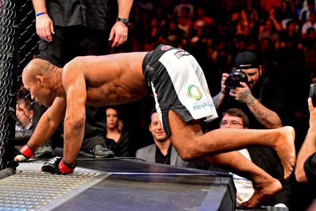 Feb 15, 2014; Jaragua do Sul, SC, Brazil; Ronaldo Souza (red gloves) before his fight against Francis Carmont (blue gloves) during UFC Fight Night Machida vs Mousasi at Arena Jaragua. Mandatory Credit: Jason Silva-USA TODAY Sports
