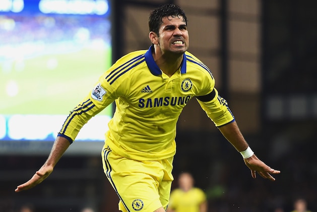 LIVERPOOL, ENGLAND - AUGUST 30:  Diego Costa of Chelsea celebrates scoring his team's sixth goal during the Barclays Premier League match between Everton and Chelsea at Goodison Park on August 30, 2014 in Liverpool, England.  (Photo by Laurence Griffiths/Getty Images)