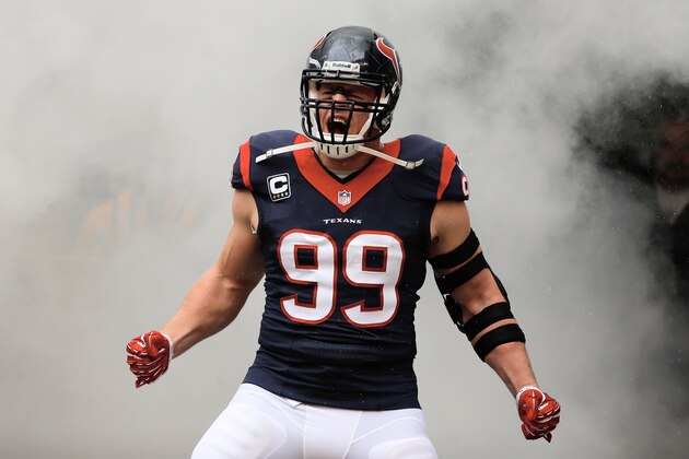 HOUSTON, TX - DECEMBER 01:  J.J. Watt #99 of Houston Texans enters the field before the game against the New England Patriots at Reliant Stadium on December 1, 2013 in Houston, Texas.  (Photo by Scott Halleran/Getty Images)