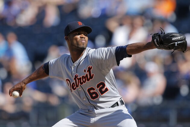 Detroit Tigers relief pitcher Al Alburquerque during a baseball game against the Kansas City Royals at Kauffman Stadium in Kansas City, Mo., Sunday, May 4, 2014. The Tigers defeated the Royals 9-4. (AP Photo/Orlin Wagner)
