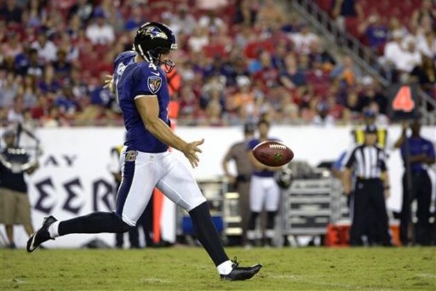 Baltimore Ravens punter Sam Koch kicks the ball during the second half of an NFL preseason football game against the Tampa Bay Buccaneers in Tampa, Fla., Thursday, Aug. 8, 2013.(AP Photo/Phelan M. Ebenhack)