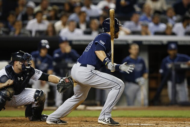Tampa Bay Rays Ben Zobrist hits a fourth-inning, RBI single to left field driving in Kevin Kiermaier in the Rays 4-3 victory over the New York Yankees in a baseball game at Yankee Stadium in New York, Tuesday, Sept. 9, 2014. (AP Photo/Kathy Willens) Tampa Bay Rays Ben Zobrist hits a fourth-inning, RBI single to left field driving in Kevin Kiermaier in the Rays 4-3 victory over the New York Yankees in a baseball game at Yankee Stadium in New York, Tuesday, Sept. 9, 2014. (AP Photo/Kathy Willens)