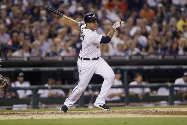 Detroit Tigers' Miguel Cabrera bats during the seventh inning of a baseball game against the Kansas City Royals in Detroit, Tuesday, Sept. 9, 2014. (AP Photo/Carlos Osorio)