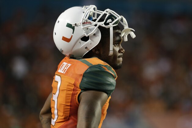 Miami wide receiver Stacy Coley (3) watches from the sideline in the first half of an NCAA football game against Florida A&M, Saturday, Sept. 6, 2014, in Miami Gardens, Fla. (AP Photo/Lynne Sladky)