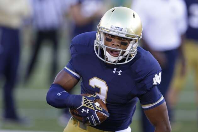 Notre Dame wide receiver Amir Carlisle before an NCAA college football game against Michigan in South Bend, Ind., Saturday, Sept. 6, 2014. (AP Photo/Michael Conroy)