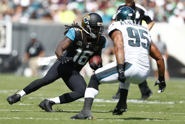 Jacksonville Jaguars Denard' Robinson is seen during an NFL football game against the Philadelphia Eagles on Sunday, Sept. 7, 2014, in Philadelphia. (AP Photo/Michael Perez) Jacksonville Jaguars Denard' Robinson is seen during an NFL football game against the Philadelphia Eagles on Sunday, Sept. 7, 2014, in Philadelphia. (AP Photo/Michael Perez)