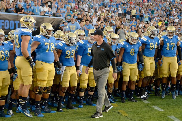 PASADENA, CA - SEPTEMBER 06:  Head coach Jim Mora of the UCLA Bruins prepares his team to take the field for their season opening game against the Memphis Tigers at Rose Bowl on September 6, 2014 in Pasadena, California.  (Photo by Harry How/Getty Images)