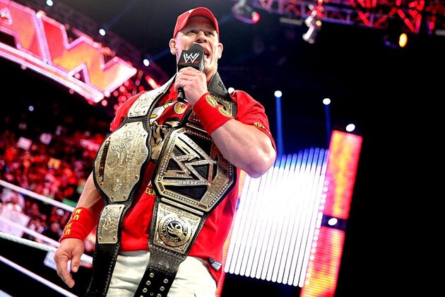John Cena celebrates his win during Wrestlemania XXX at the Mercedes-Benz Super Dome in New Orleans on Sunday, April 6, 2014. (Jonathan Bachman/AP Images for WWE)